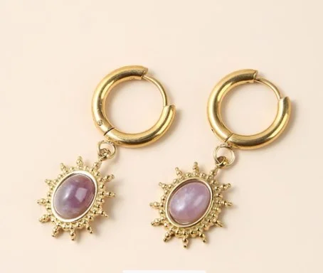 Natural Amethyst Titanium Steel Oval Earrings