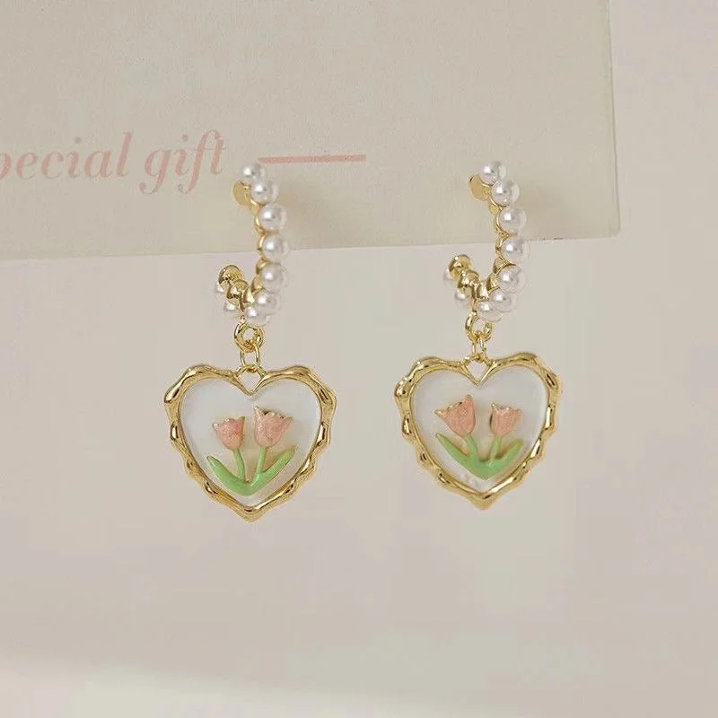 Ladies Earrings with Pure Danburite-1 Pair Sweet Heart Shape Flower Enamel Inlay Alloy Artificial Pearls Drop Earrings