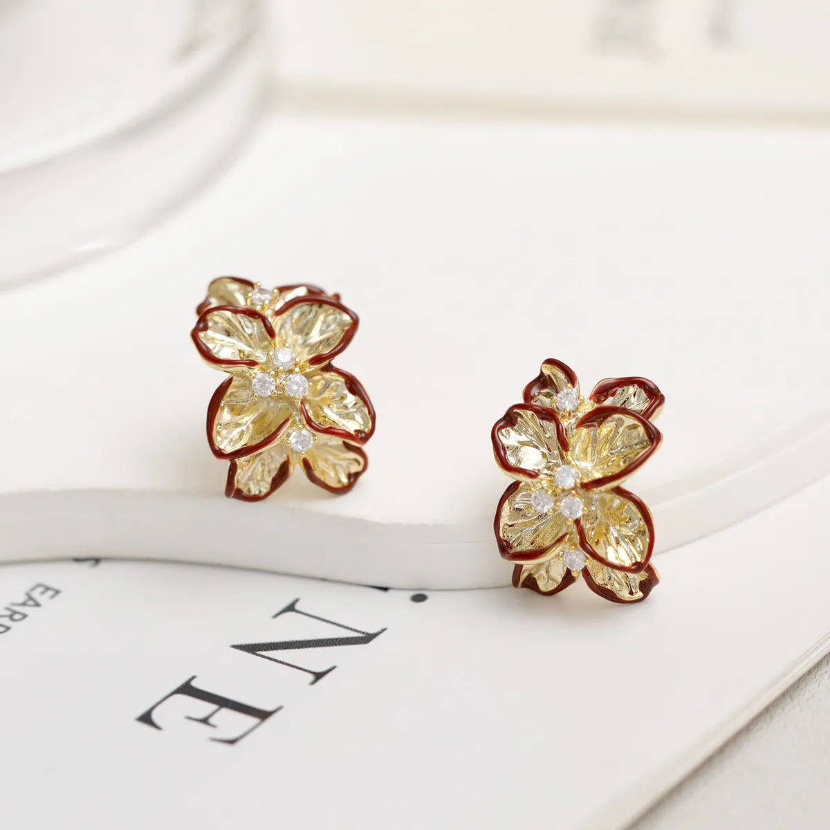 Ladies Earrings for Niece Joy-1 Pair Cute Sweet Flower Plating Copper 18K Gold Plated Ear Studs