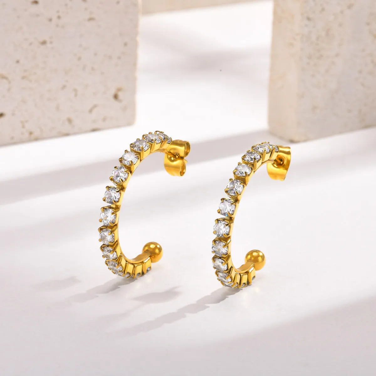 Ladies Earrings with Wave Drops-1 Pair Vintage Style C Shape Plating Inlay Stainless Steel Zircon 18k Gold Plated Hoop Earrings