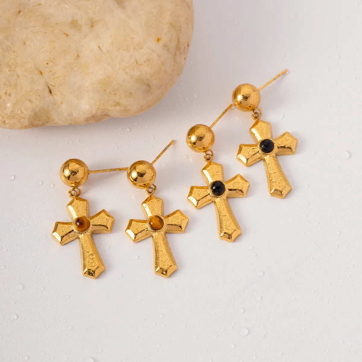 Ladies Earrings Delicate Dangles-1 Pair Simple Style Cross Plating Stainless Steel 18k Gold Plated Drop Earrings