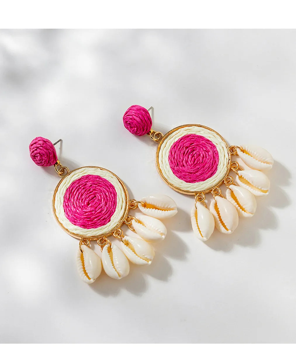 Ladies Earrings with Wave Hoops-1 Pair Vacation Round Butterfly Alloy Raffia Shell Women's Drop Earrings