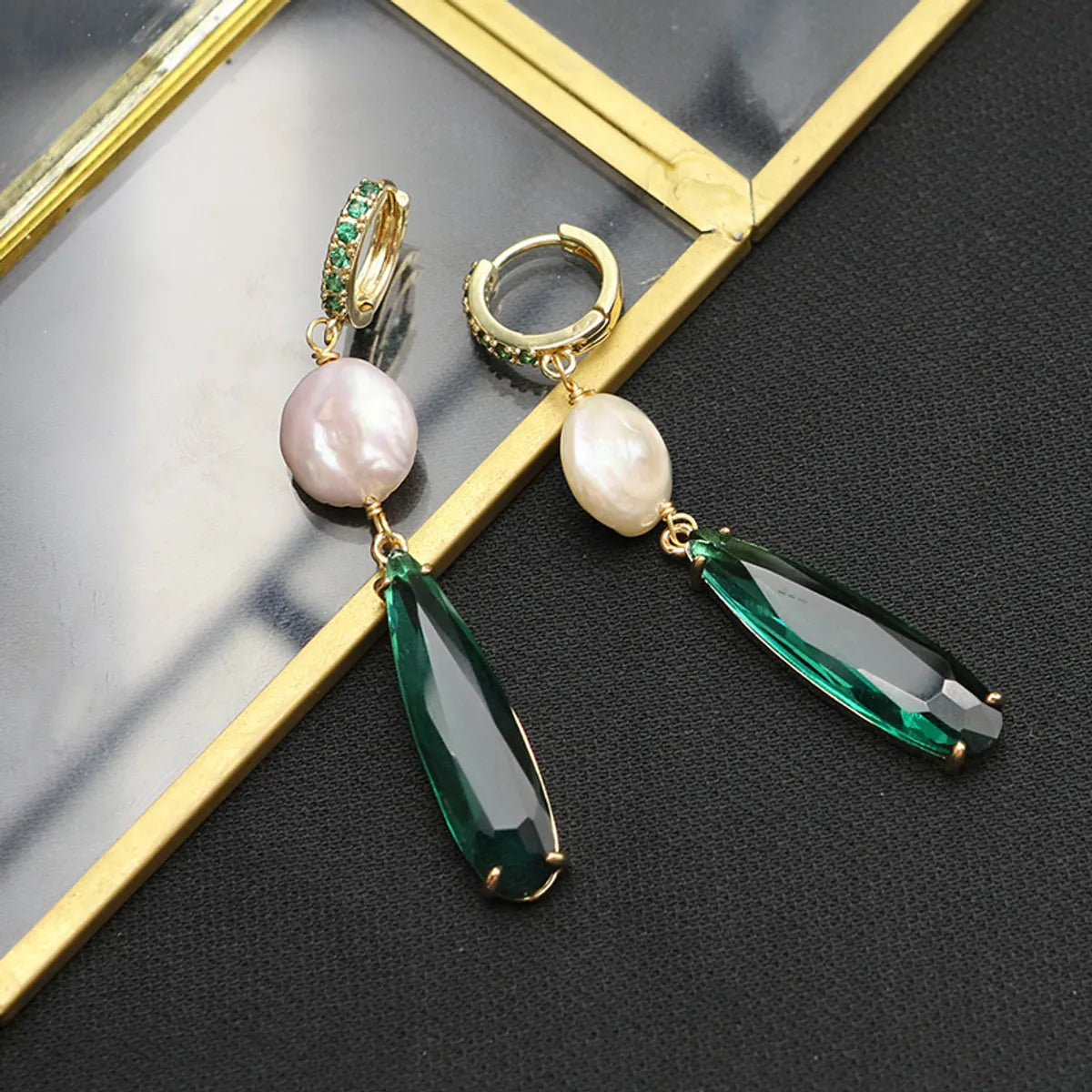 Ladies Earrings with Gold Fibrolite-Retro Square Pearl Sterling Silver Inlay Zircon Drop Earrings 1 Pair