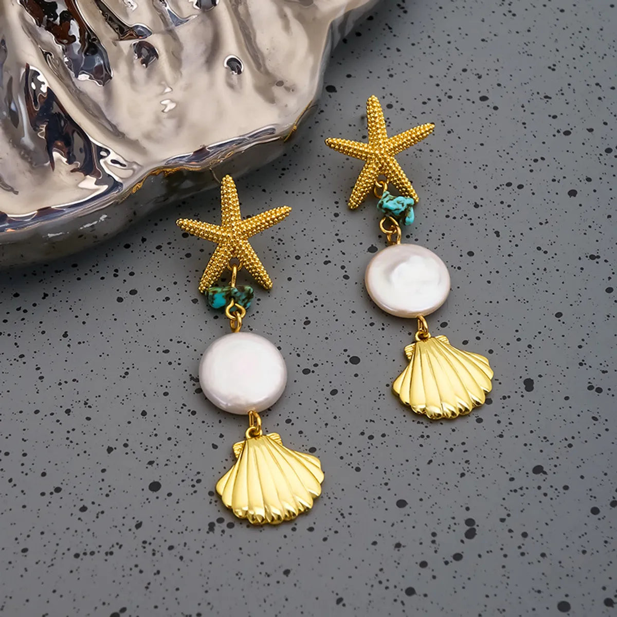 Ladies Earrings with Fringe Tips-Casual Retro Starfish Shell Freshwater Pearl Copper Plating 18k Gold Plated Women'S Drop Earrings