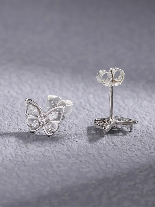 Ladies Earrings Small Hoops-1 Pair Elegant Butterfly Plating Inlay Sterling Silver Zircon Ear Studs