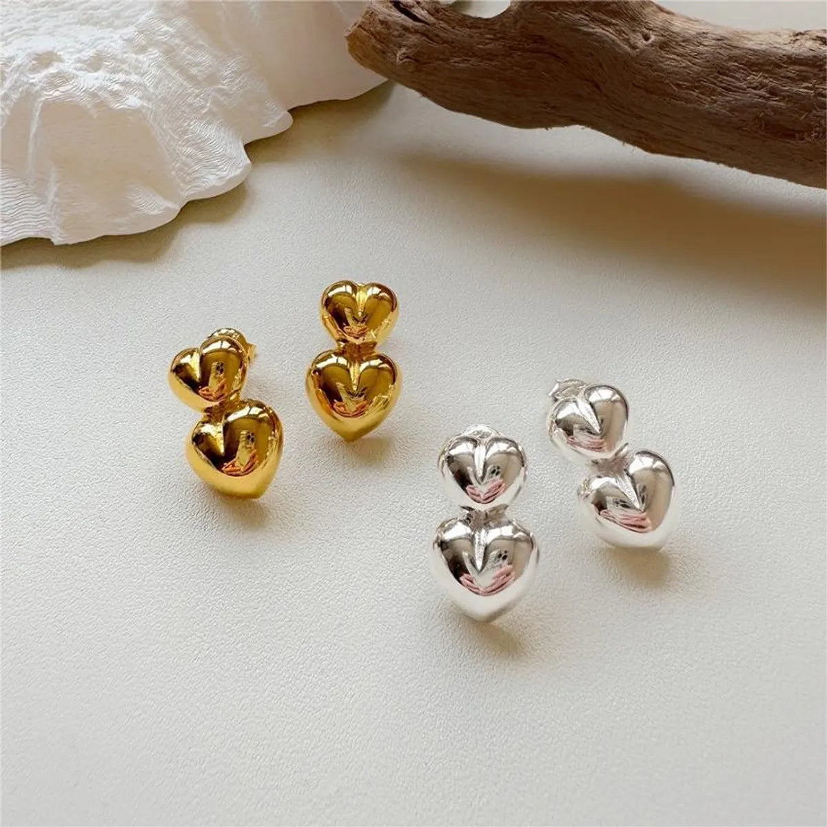 Ladies Earrings with Triangle Drops-1 Pair Simple Style Heart Shape Plating Sterling Silver Ear Studs