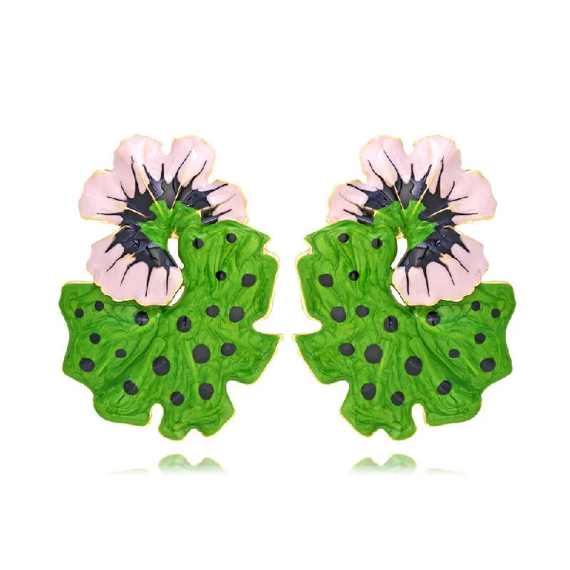 Ladies Earrings with Round Hoops-1 Pair Casual Leaf Flower Enamel Zinc Alloy Ear Studs