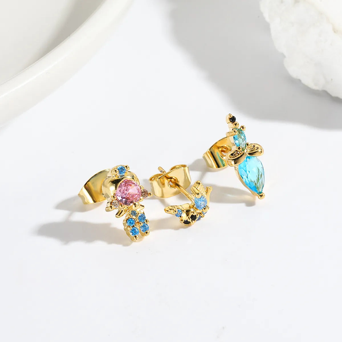 Ladies Earrings with Amber Scapolite-1 Set Cute Cartoon Character Plating Inlay Copper Zircon 18k Gold Plated Ear Studs