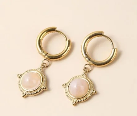 Natural Pink Crystal Titanium Steel round Earrings