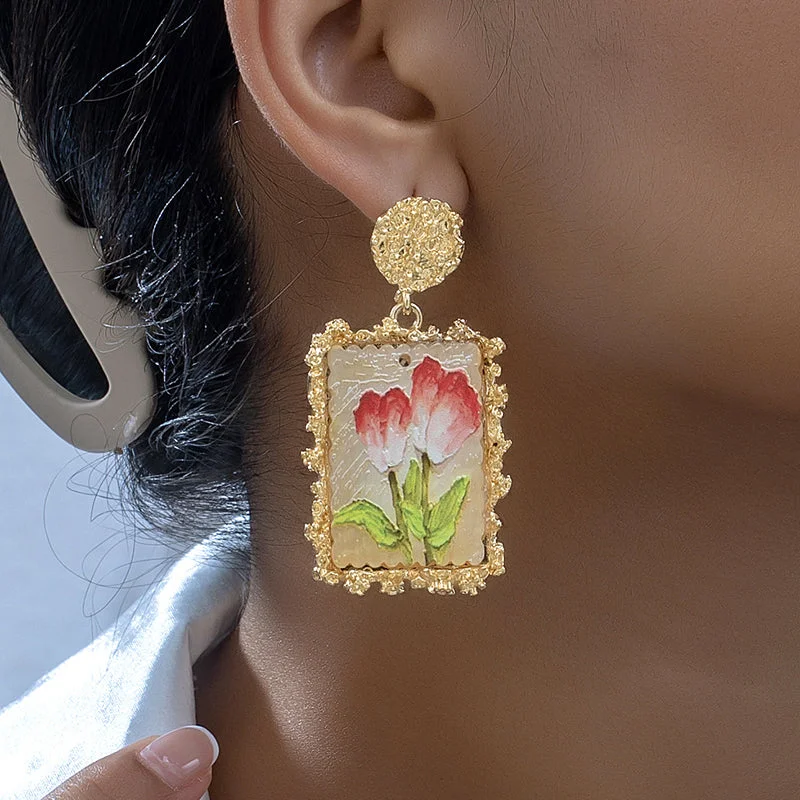 Ladies Earrings with Plum Axinite-1 Pair Elegant Flower Rectangle Plating Inlay Zinc Alloy Acrylic Drop Earrings