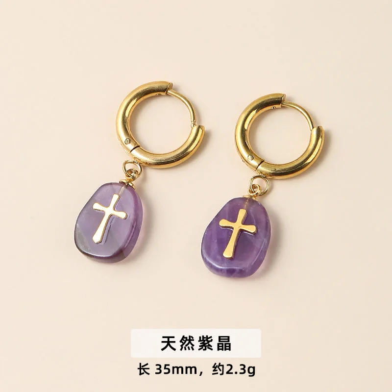 Natural Amethyst Inlaid Titanium Steel Cross Earrings