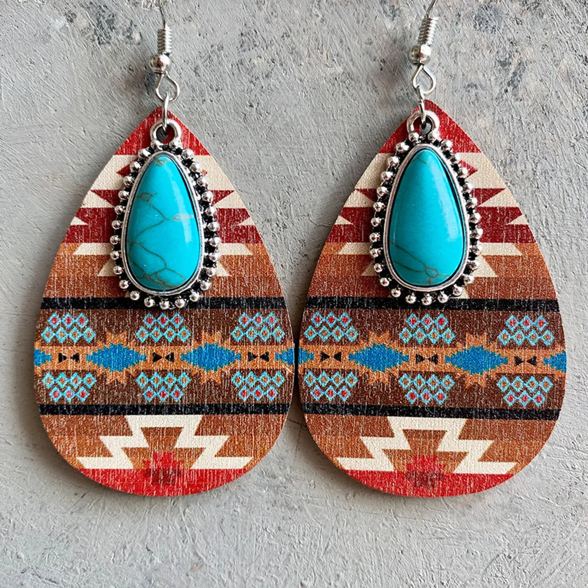 Ladies Earrings with Lock Studs-Retro Water Droplets Alloy Wood Inlay Turquoise Women's Drop Earrings 1 Pair