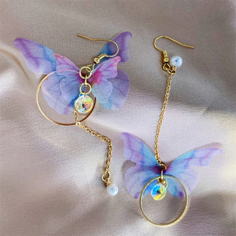 Ladies Earrings with Vibrant Gems-Sweet Butterfly Alloy Asymmetrical Pearl Inlay Zircon Women's Drop Earrings 1 Pair