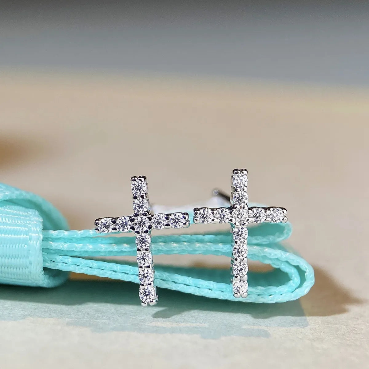 Ladies Earrings with Blue Variscite-1 Pair Basic Cross Inlay Sterling Silver Moissanite Ear Studs