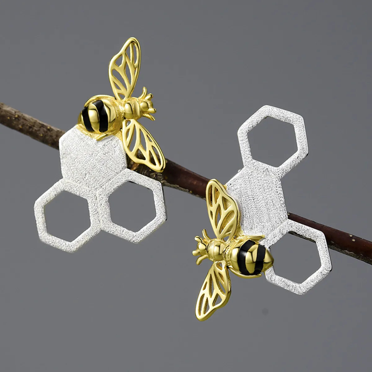 Ladies Earrings with Teardrop Studs-1 Pair Original Design Honeycomb Bee Plating Sterling Silver Ear Studs