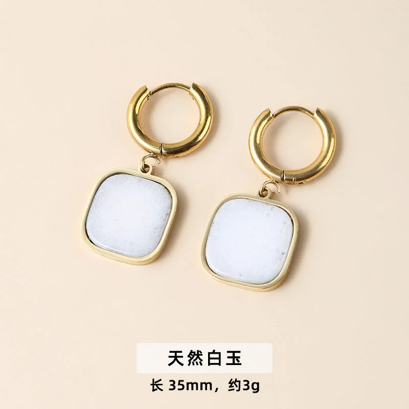 Natural White Jade Titanium Steel Square Earrings