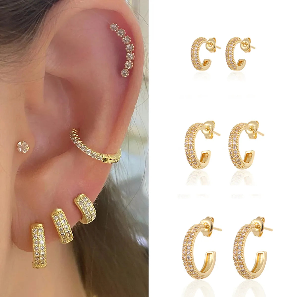 Ladies Earrings Quirky Designs-1 Pair Ins Style C Shape Plating Inlay Copper Zircon Gold Plated Ear Studs