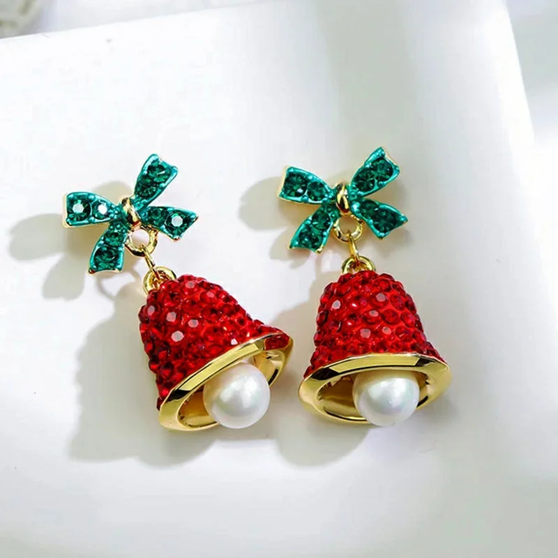 Ladies Earrings with Etched Patterns-Wholesale Jewelry Cute Bow Knot Bell Alloy Rhinestones Enamel Plating Inlay Drop Earrings