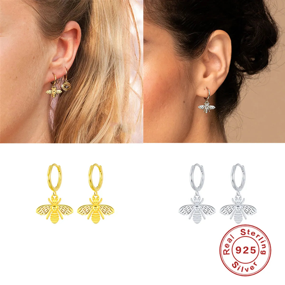 Ladies Earrings with Oval Studs-1 Pair Casual Simple Style Bee Sterling Silver 18K Gold Plated Drop Earrings