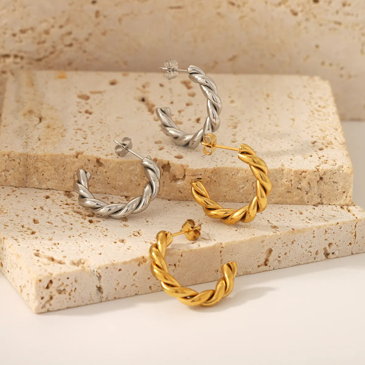 Ladies Earrings with Pure Okenite-1 Pair C Shape Twist Polishing Plating Stainless Steel 18k Gold Plated Earrings