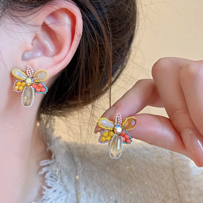 Ladies Earrings with Floral Drops-1 Pair Sweet Korean Style Flower Beaded Crystal Alloy Ear Studs