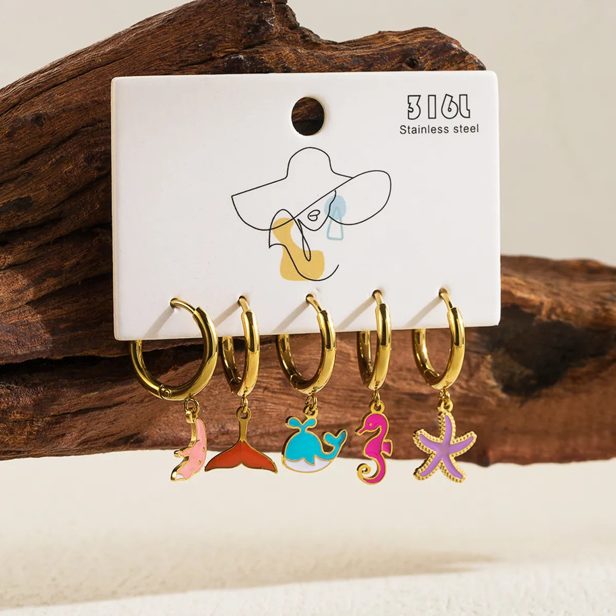 Ladies Earrings Everlasting Look-1 Set Beach Simple Style Ice Cream Dolphin Hippocampus Enamel Plating Stainless Steel 14k Gold Plated Drop Earrings