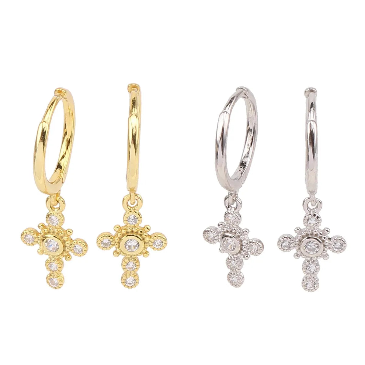 Ladies Earrings Graceful Style-1 Pair Simple Style Cross Plating Inlay Sterling Silver Zircon White Gold Plated Gold Plated Drop Earrings