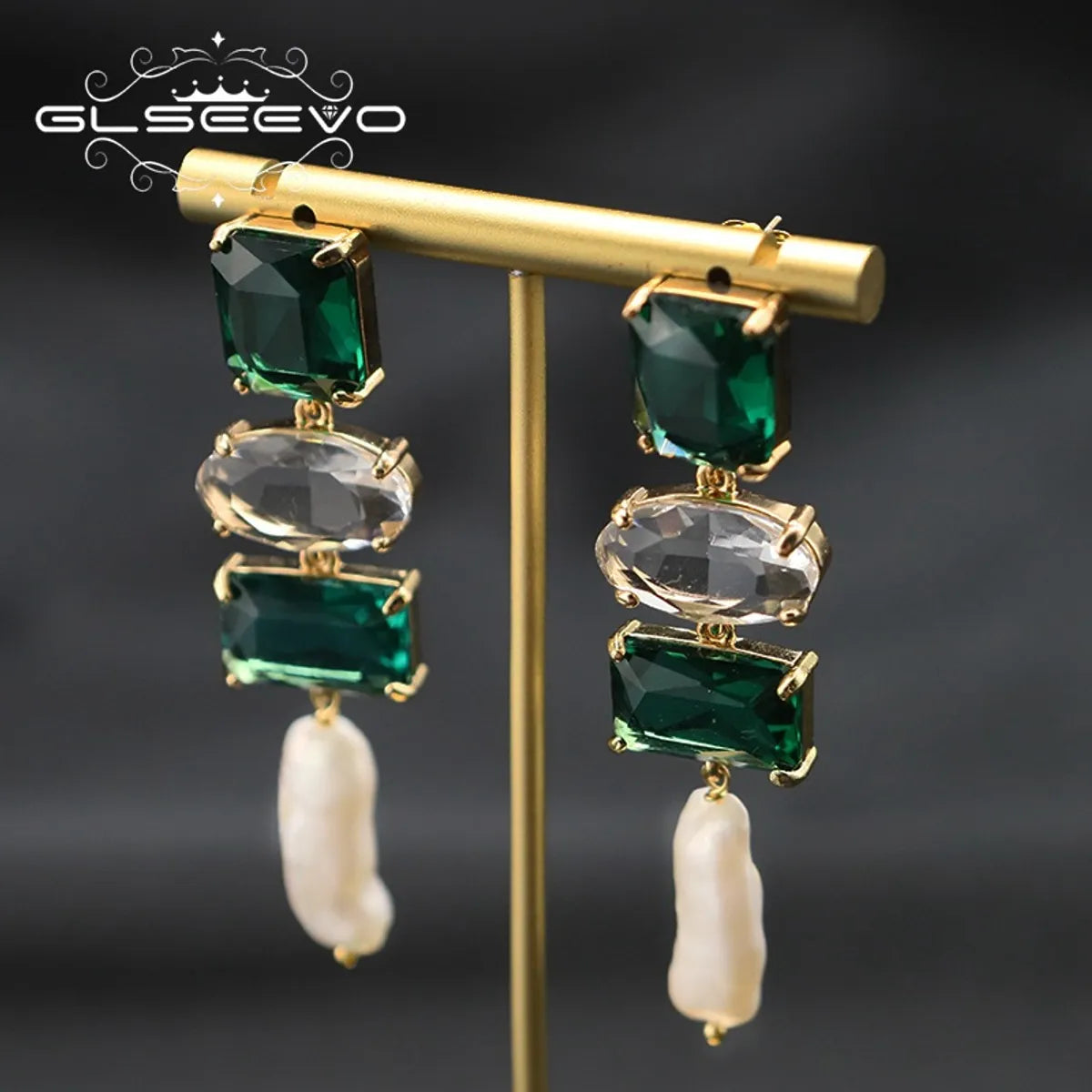 Emerald Long Pendant Stud Earrings