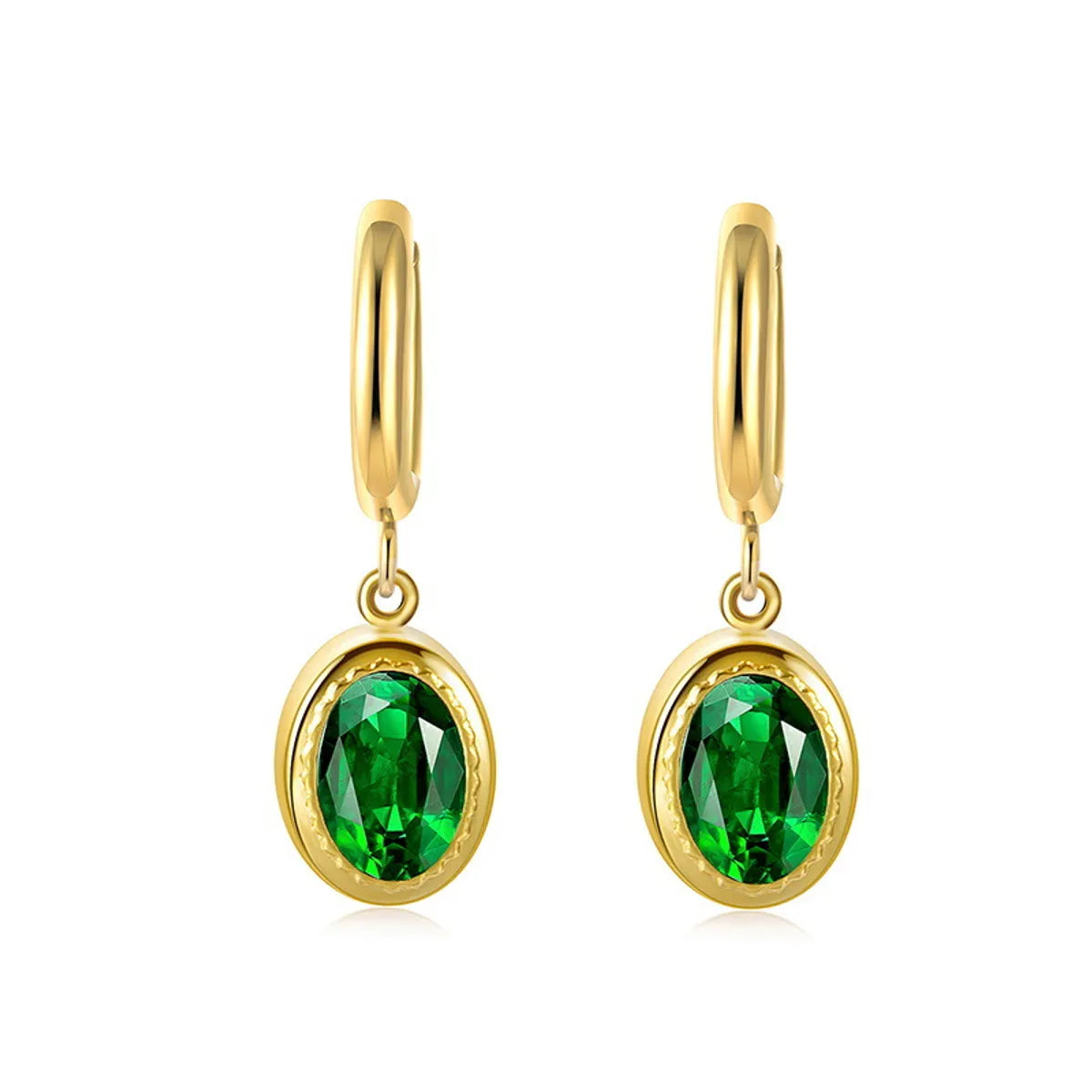 Ladies Earrings for Activists-Emerald Zircon Ear Buckles Titanium Steel Oval Geometric Earrings